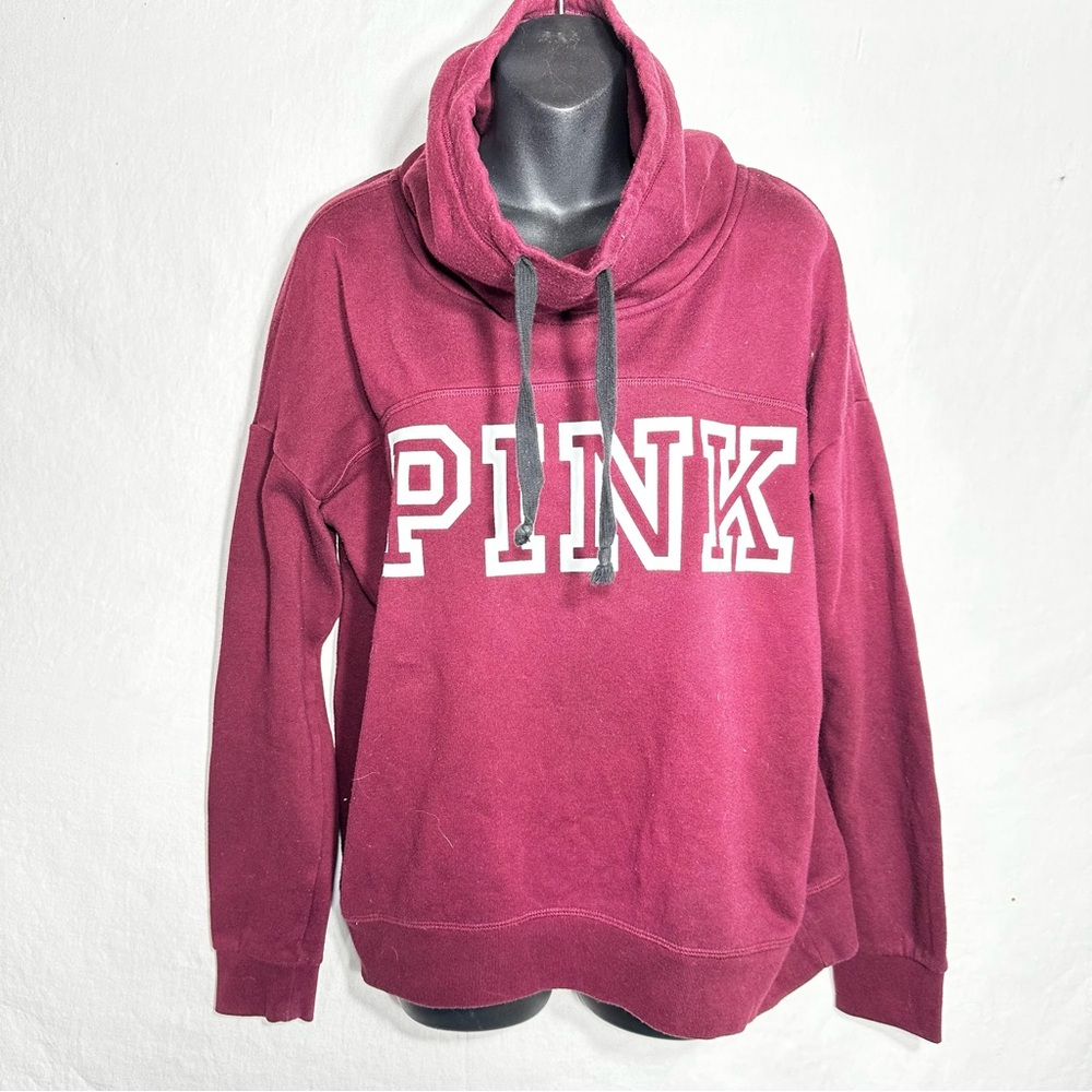 PINK Women's M Burgundy Pullover Cowl Neck Logo Drawsting Sweatshirt